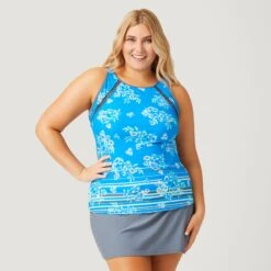 Women's Plus Size Summer Bouquet Highneck Tankini Top -Free Country Shop SA2106149X CARR BLUE CLOUD GREY 001