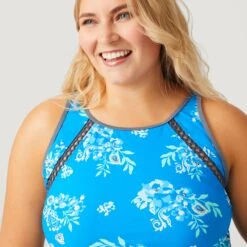 Women's Plus Size Summer Bouquet Highneck Tankini Top -Free Country Shop SA2106149X CARR BLUE CLOUD GREY 037