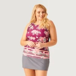 Women's Plus Size Summer Bouquet Highneck Tankini Top