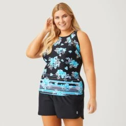 Women's Plus Size Summer Bouquet Highneck Tankini Top -Free Country Shop SA2106149X PALE ARUBA BLACK 020
