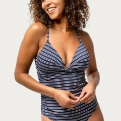 Women's Popcorn Stripe Twist Front One-Piece Swimsuit -Free Country Shop SF2004 POPCORN NAVY 126
