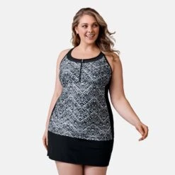 Women's Plus Size Island Vibe Mesh Zip Up Racerback Tankini Top
